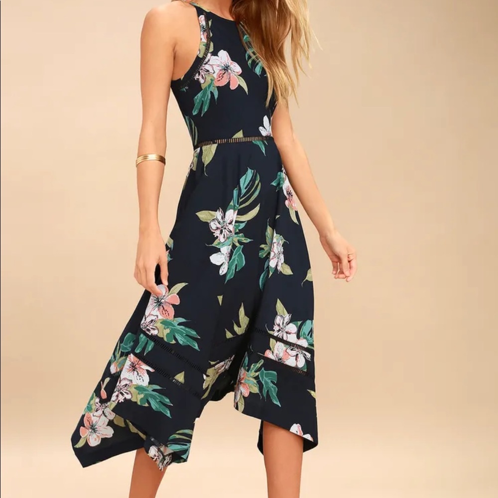 Lulus Navy Blue Tropical Print Midi Dress